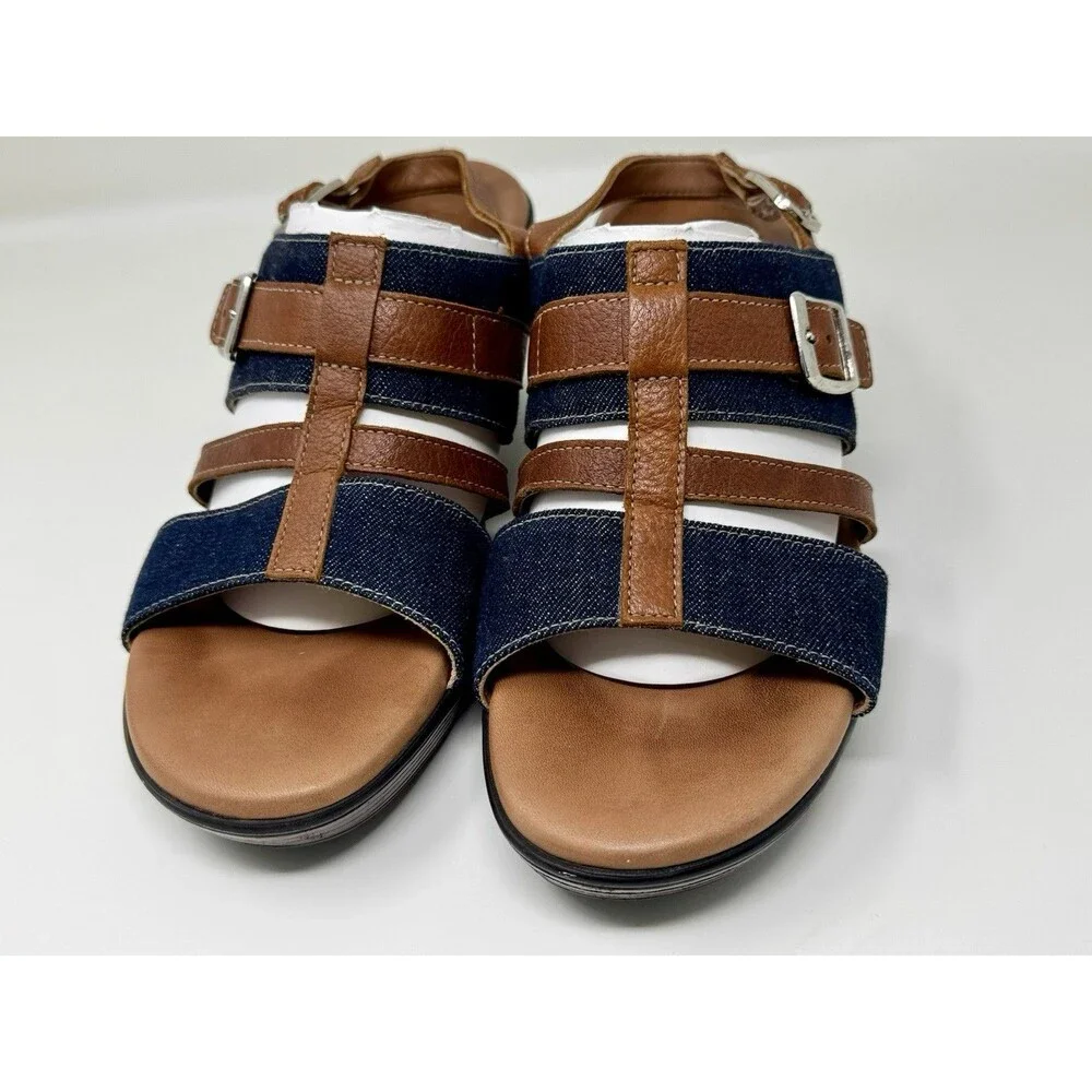 SAS Layla Brie Strappy‎ Denim Jean & Leather Wedge Sandal Shoe Size 10 M